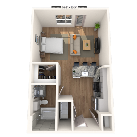 Floor plan for studio, 1 bath, 585 sqft